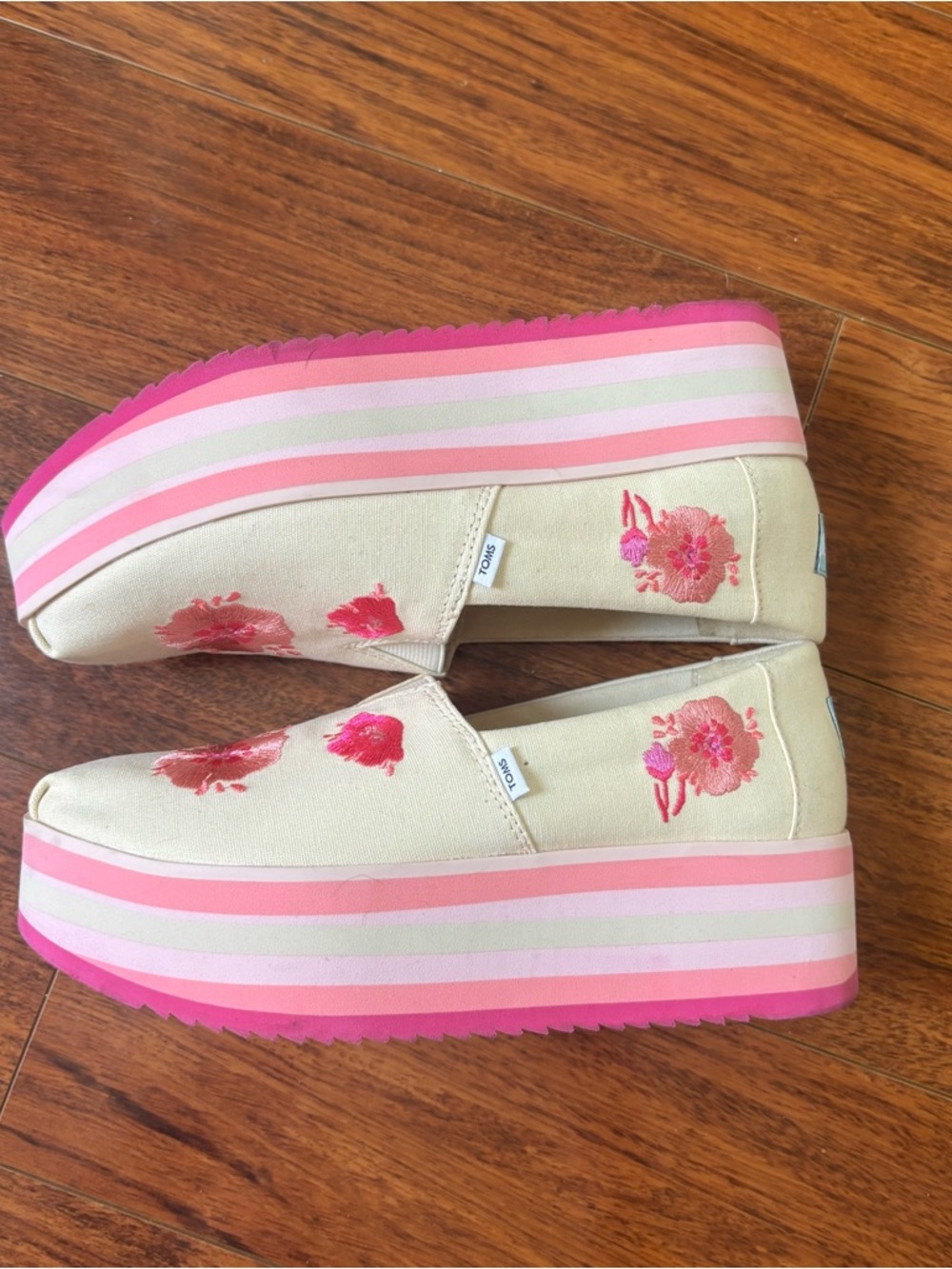 TOMS Cream Canvas Platform Slip-Ons with Pink Floral Embroidery - Picture 10 of 12
